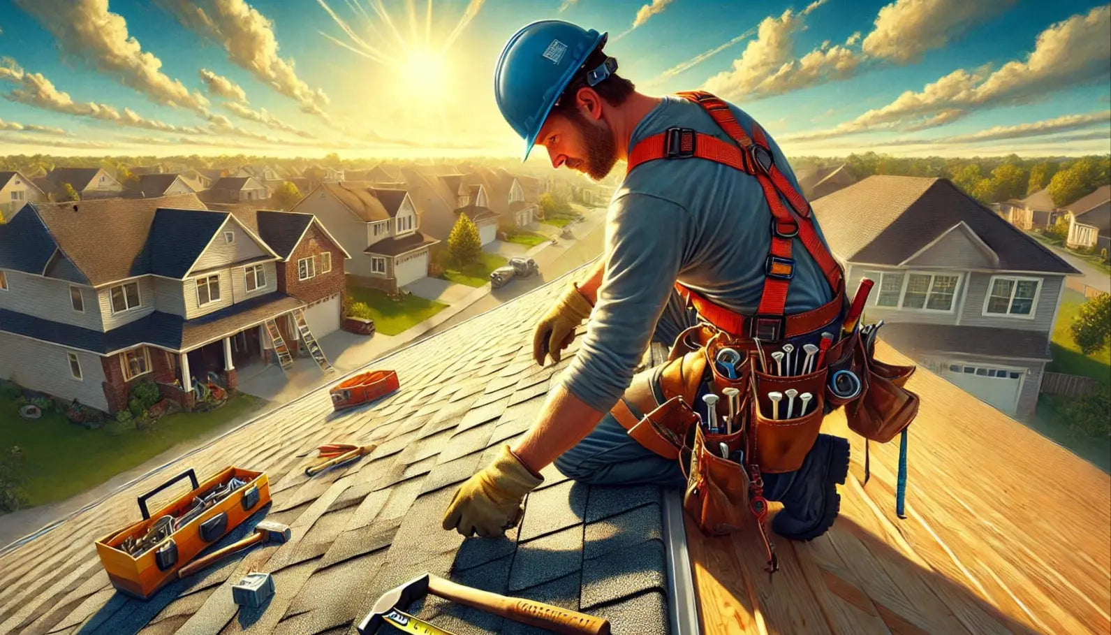 Dachdecker mit Werkzeuggürtel arbeitet auf einem Hausdach bei Sonnenaufgang – symbolisches Bild für handwerkliche Berufe.