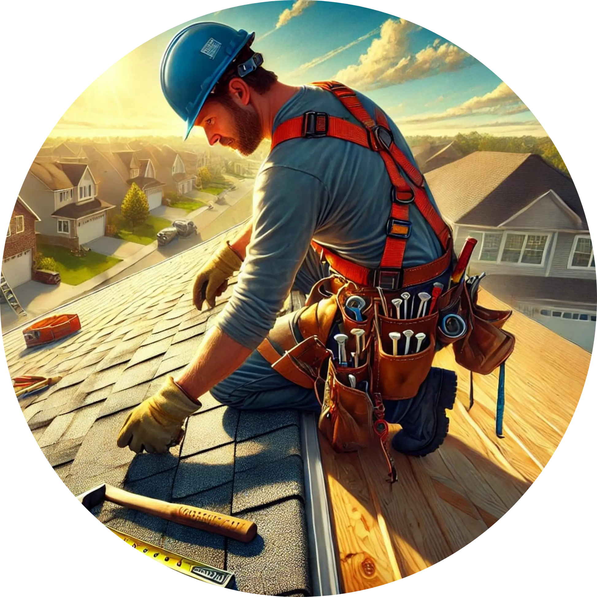 Dachdecker auf einem Hausdach mit Werkzeug und Sicherheitsausrüstung