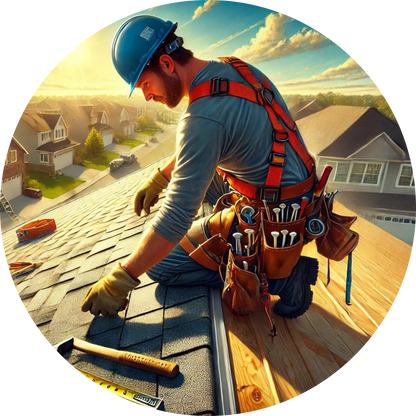 Dachdecker auf einem Hausdach mit Werkzeug und Sicherheitsausrüstung