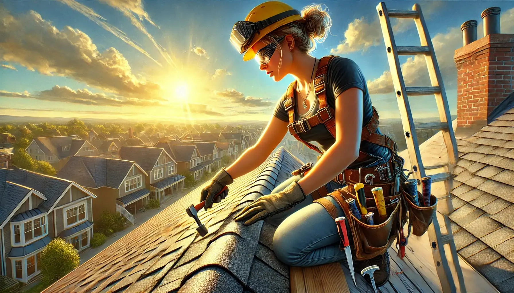 Handwerkerin mit Helm und Werkzeug auf einem Dach in der Morgensonne – starke Darstellung einer Frau im Bauhandwerk.