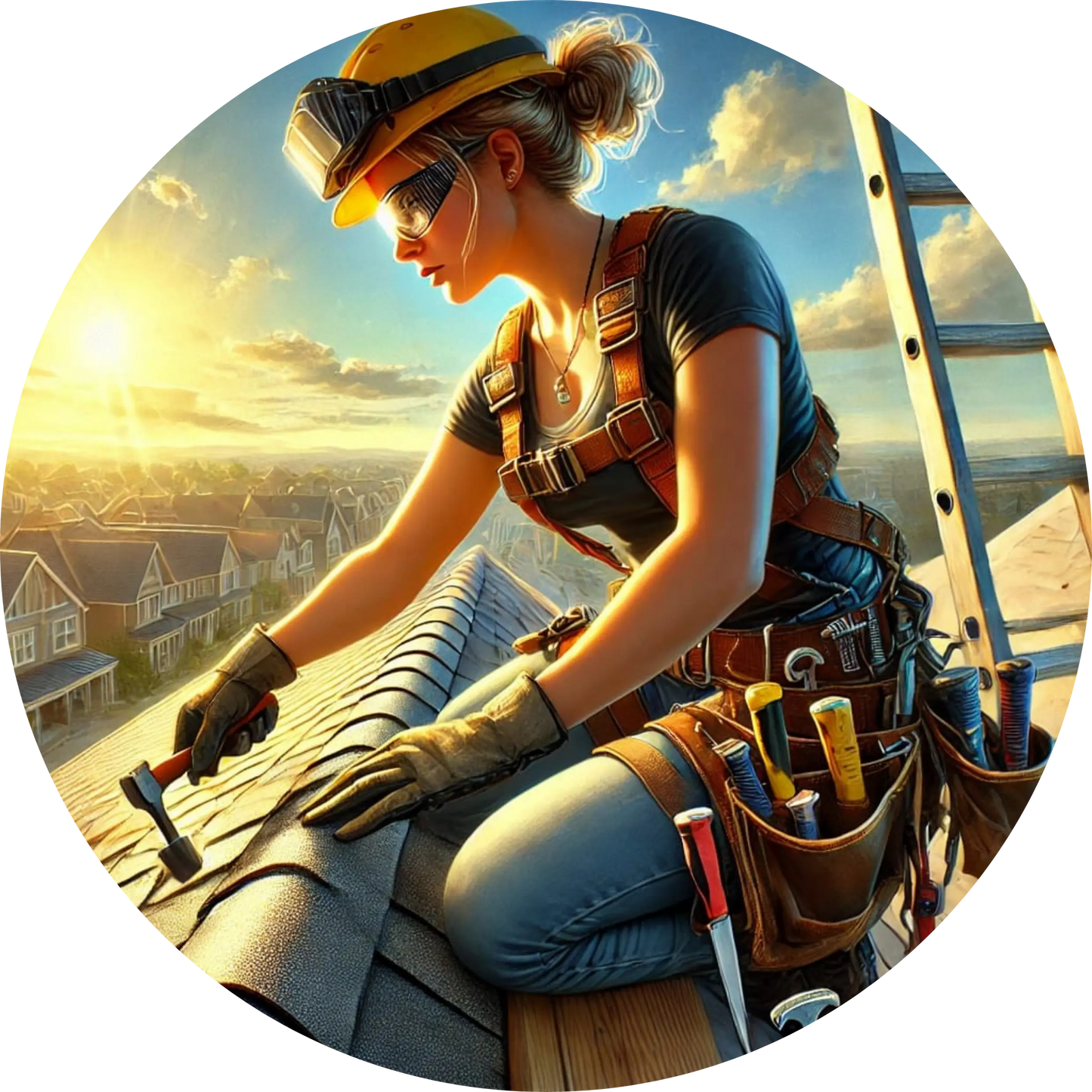 Dachdeckerin auf einem Hausdach mit Werkzeug und Sicherheitsausrüstung