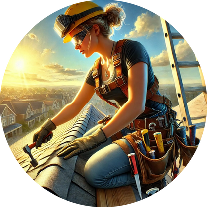 Dachdeckerin auf einem Hausdach mit Werkzeug und Sicherheitsausrüstung