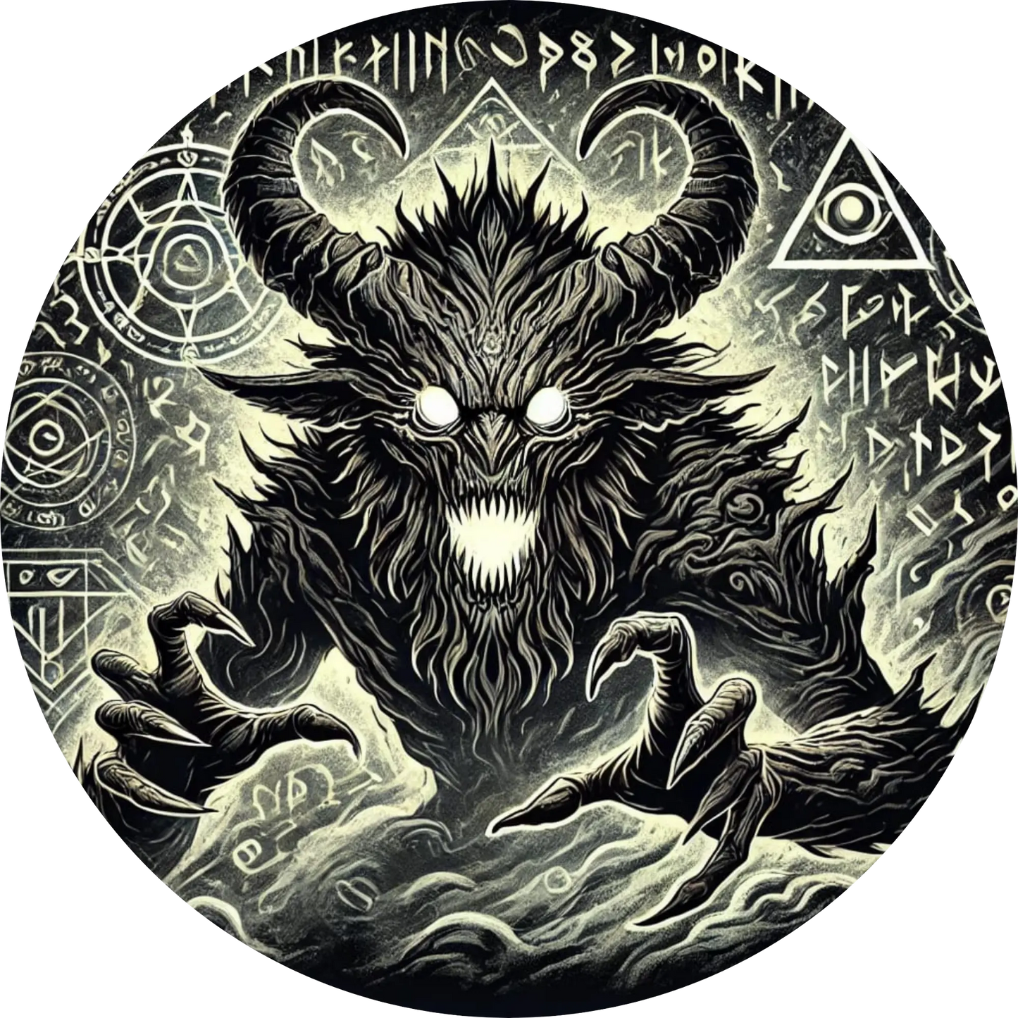 Dämonische Kreatur mit spiralförmigen Hörnern und hypnotischem Blick
