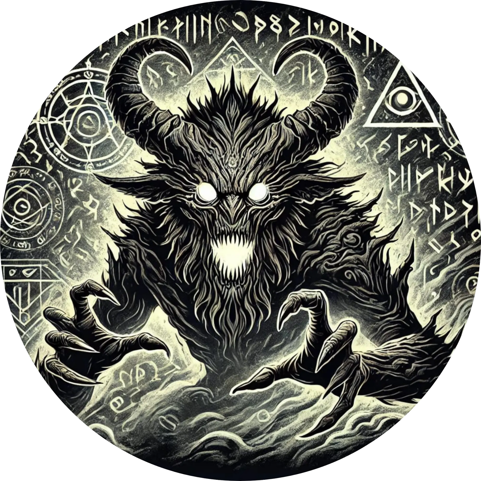 Dämonische Kreatur mit spiralförmigen Hörnern und hypnotischem Blick
