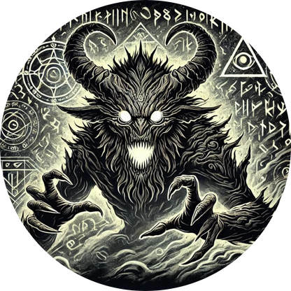 Dämonische Kreatur mit spiralförmigen Hörnern und hypnotischem Blick
