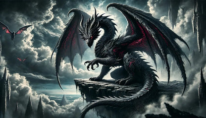 Schwarzer Drache auf Klippe mit roten Zeichen