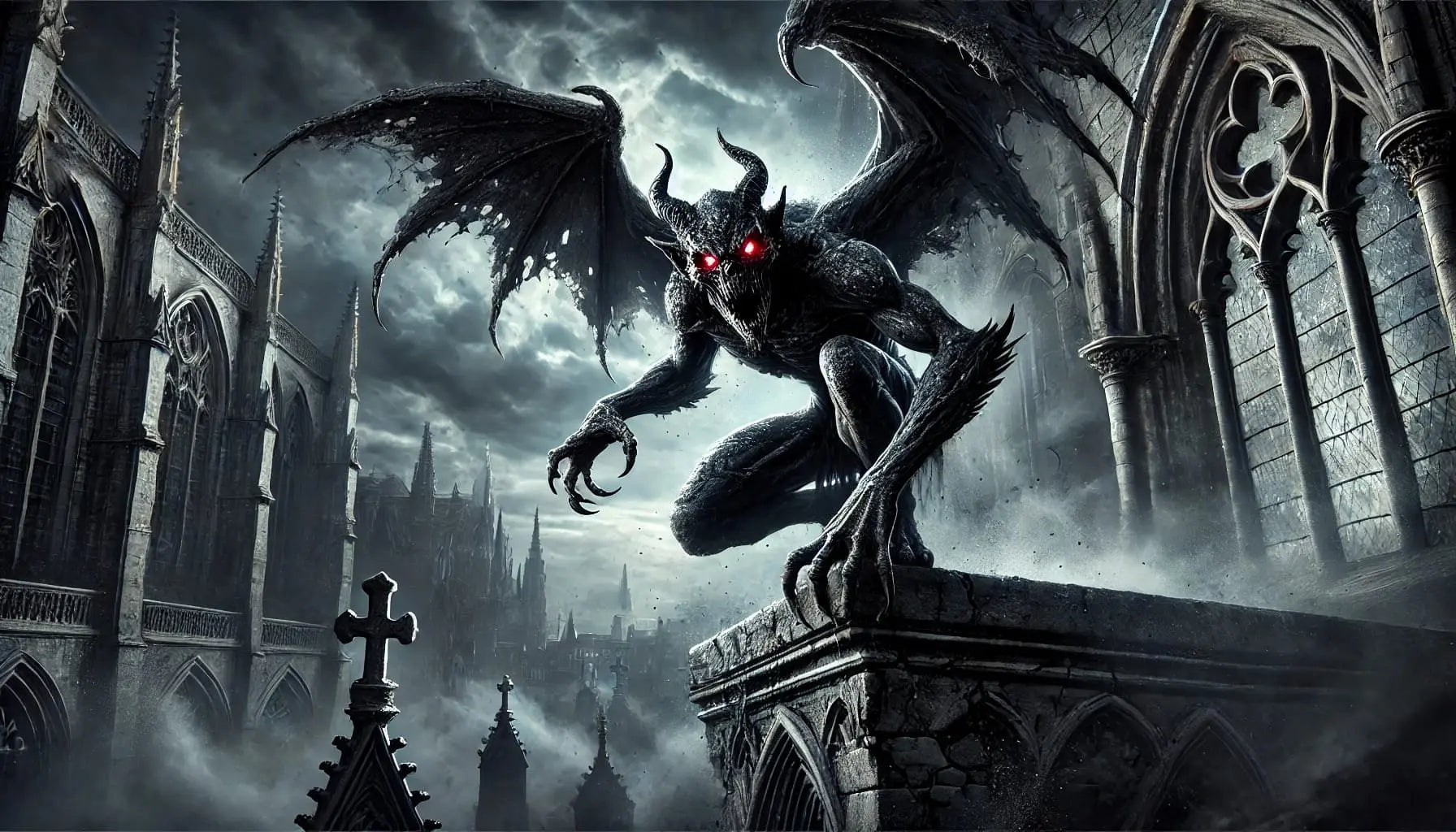 Gargoyle auf einer Säule, mit steinernen Flügeln und leuchtenden Augen bei Nacht