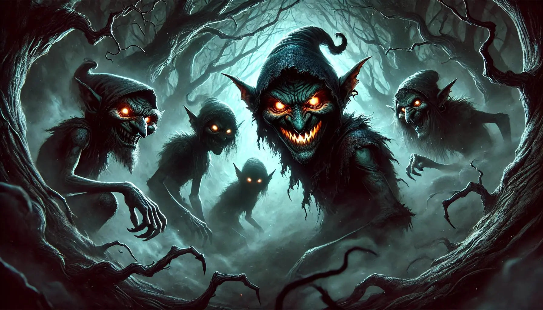Düstere Kobolde im Dark Fantasy Stil mit leuchtenden Augen