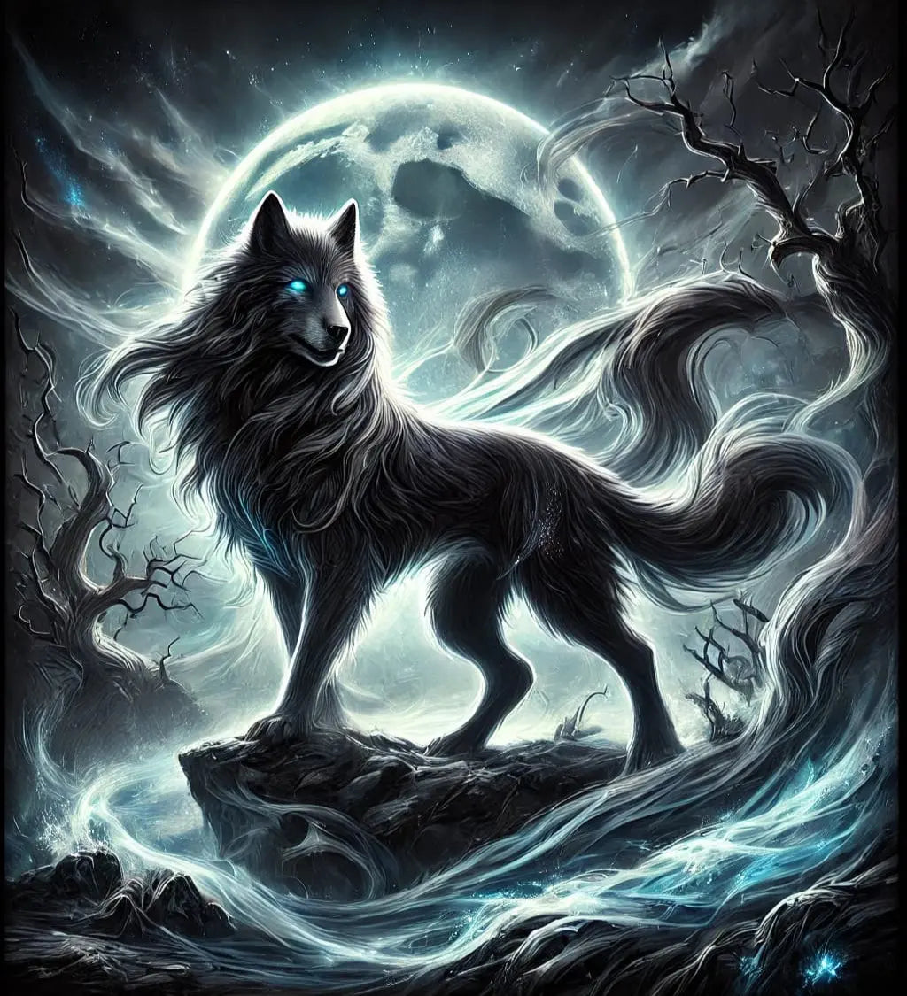 Wolf im Dark Fantasy Stil mit leuchtenden Augen vor Vollmond