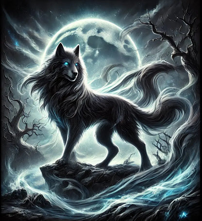 Wolf im Dark Fantasy Stil mit leuchtenden Augen vor Vollmond