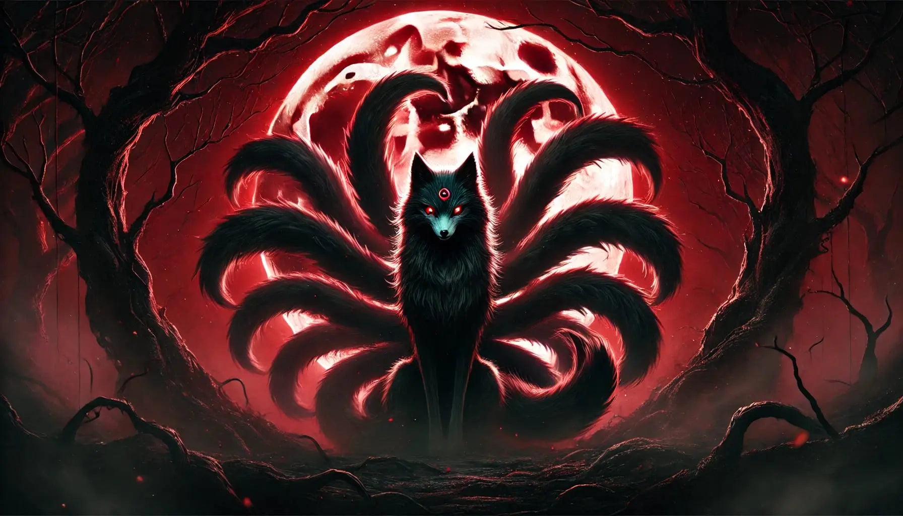 Roter Kitsune im Flammenkreis – Japanischer Fuchsgeist in leuchtendem Rot erscheint aus einem magischen, kreisrunden Feuerzeichen