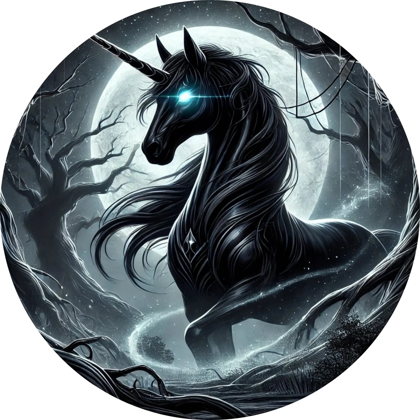 Schwarzes Einhorn mit leuchtenden Augen im Schatten
