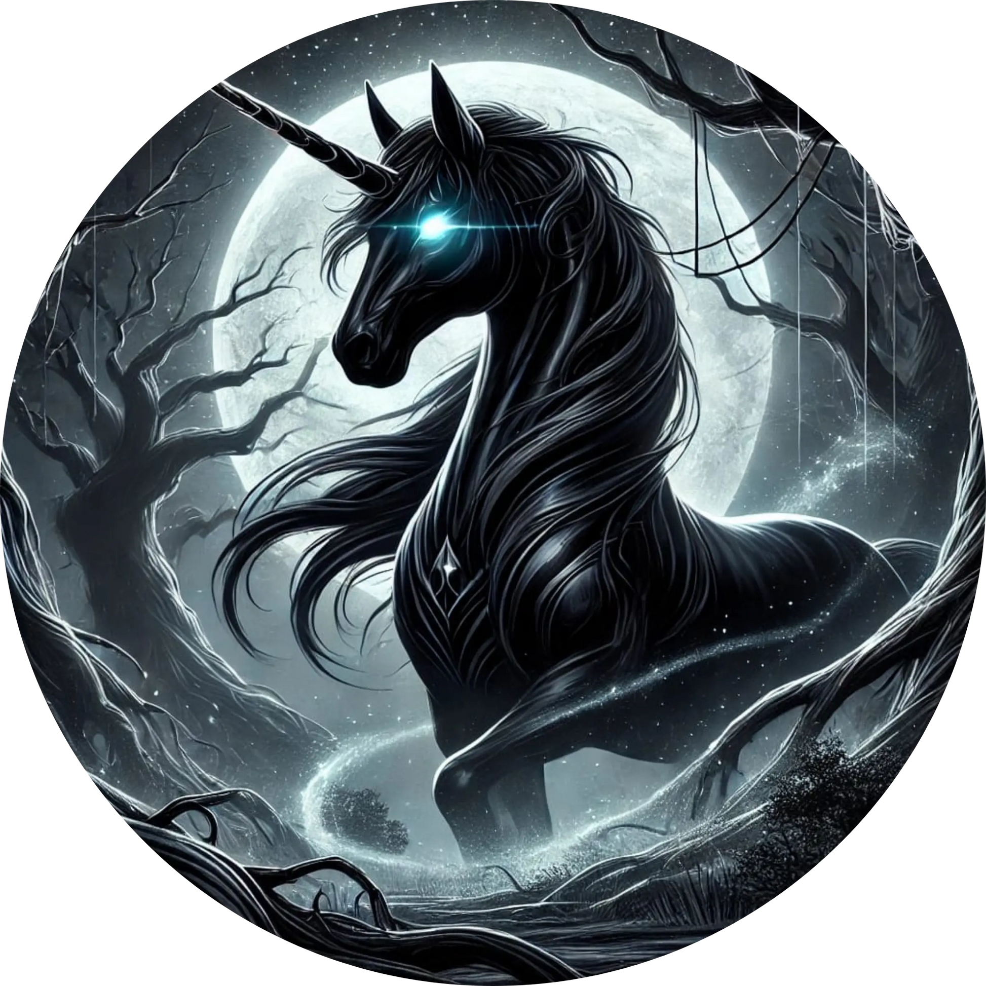 Schwarzes Einhorn mit leuchtenden Augen im Schatten
