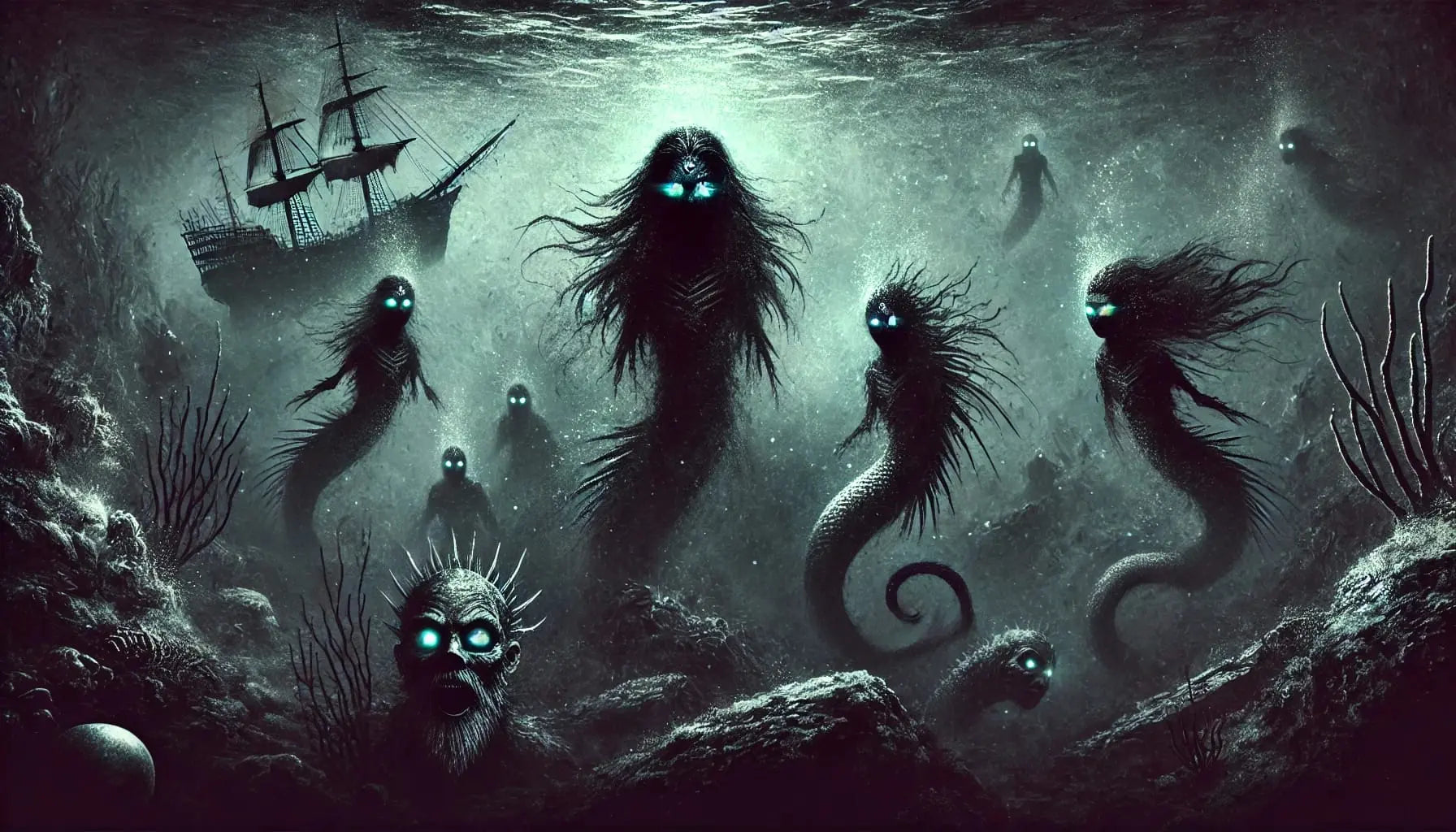 Dunkle Meerwesen mit Tentakeln, steigen aus der Tiefe, glühende Augen im blauen Wasser