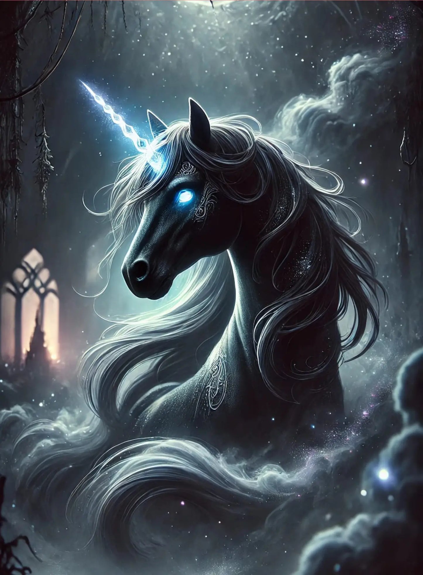 Dunkles mystisches Einhorn vor einem leuchtenden Mond – mystisch und geheimnisvoll.