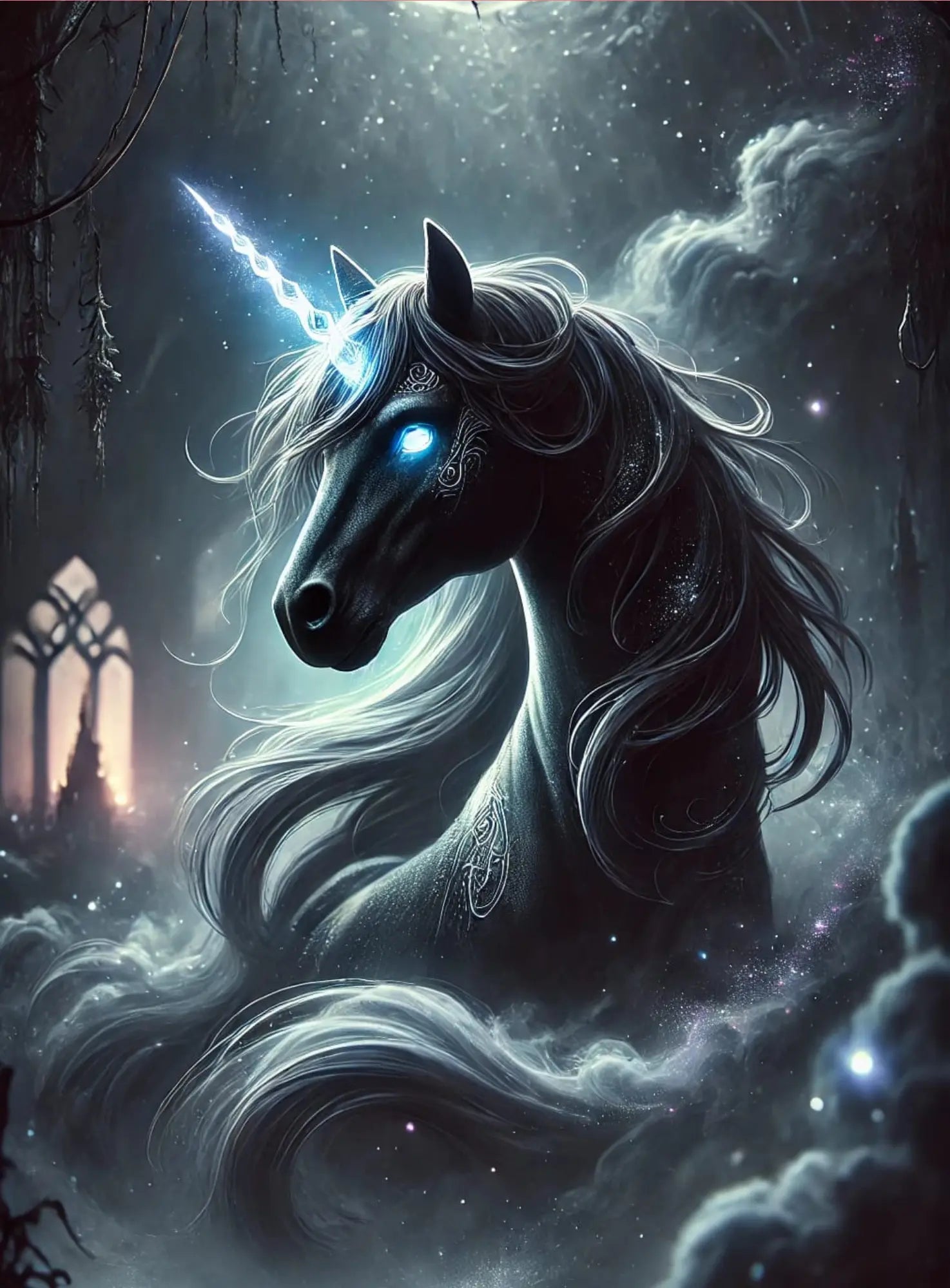 Dunkles mystisches Einhorn vor einem leuchtenden Mond – mystisch und geheimnisvoll.