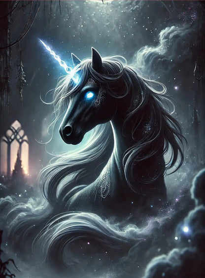 Dunkles mystisches Einhorn vor einem leuchtenden Mond – mystisch und geheimnisvoll.