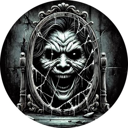 Finsteres Horror-Gesicht mit Fratze und mechanischen Details – in Schwarz-Weiß.