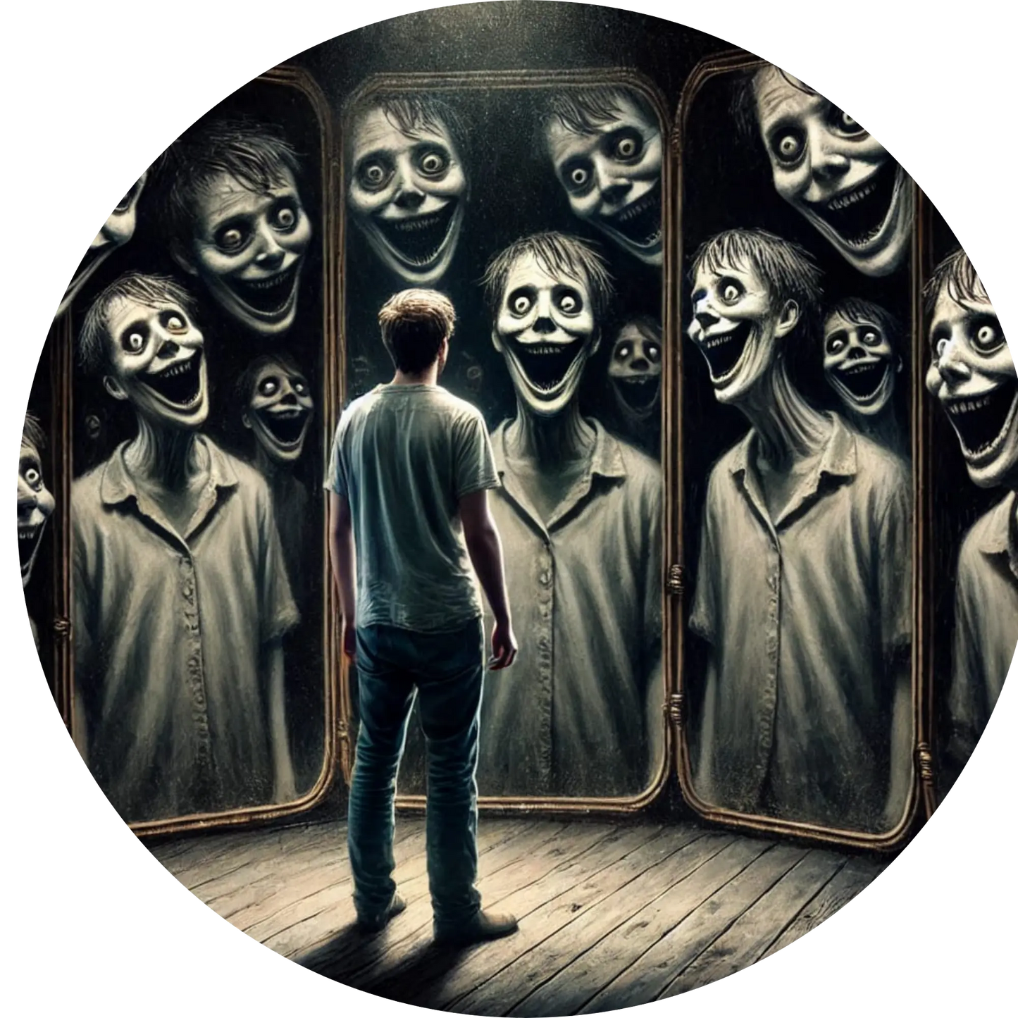 Gruppe von Skelettmenschen in grauen Anzügen mit starren Blicken