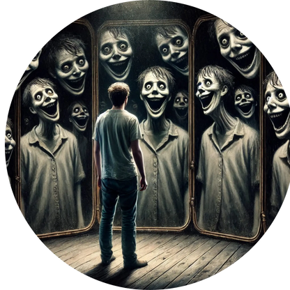 Gruppe von Skelettmenschen in grauen Anzügen mit starren Blicken