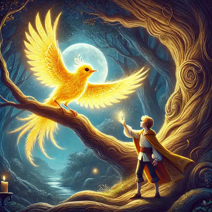 Ein Junge blickt ehrfürchtig auf einen strahlend leuchtenden, goldenen Vogel, der auf einem Ast über ihm sitzt. Magisches Licht durchflutet den Wald.
