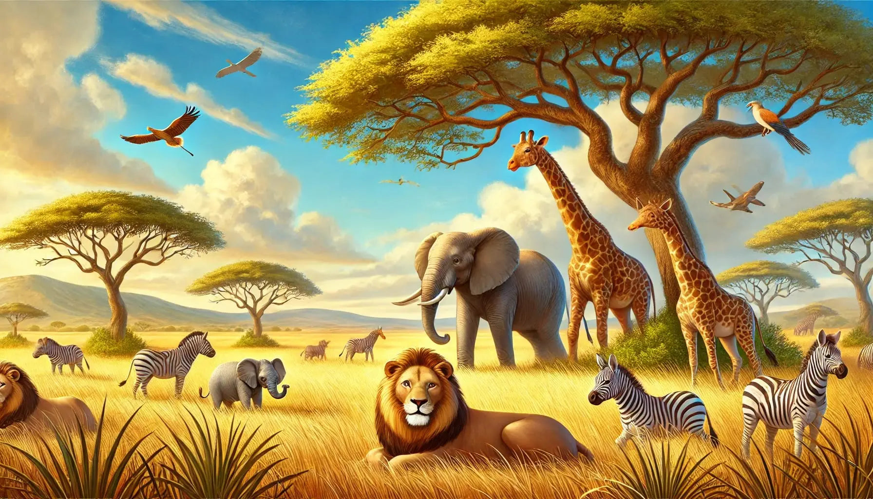 Löwe, Elefant und Giraffe in weiter Savanne bei Morgensonne.