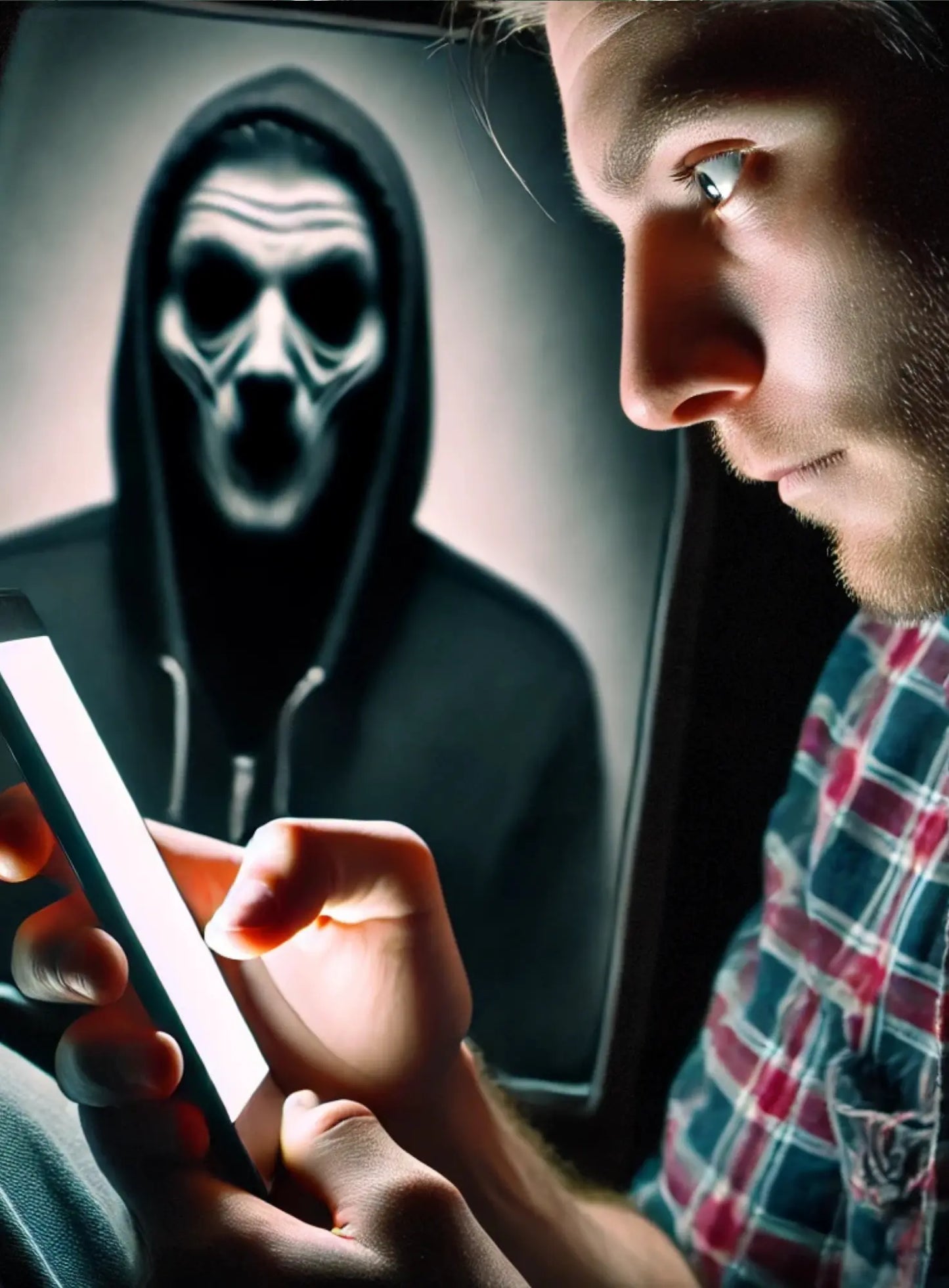 Surreales Horrormotiv mit einem Mann, der schockiert auf sein Handy starrt – im Display spiegelt sich ein dunkles, bedrohliches Wesen mit Totenschädel und Kapuze. Digitale Angst trifft auf klassische Gruselsymbolik.