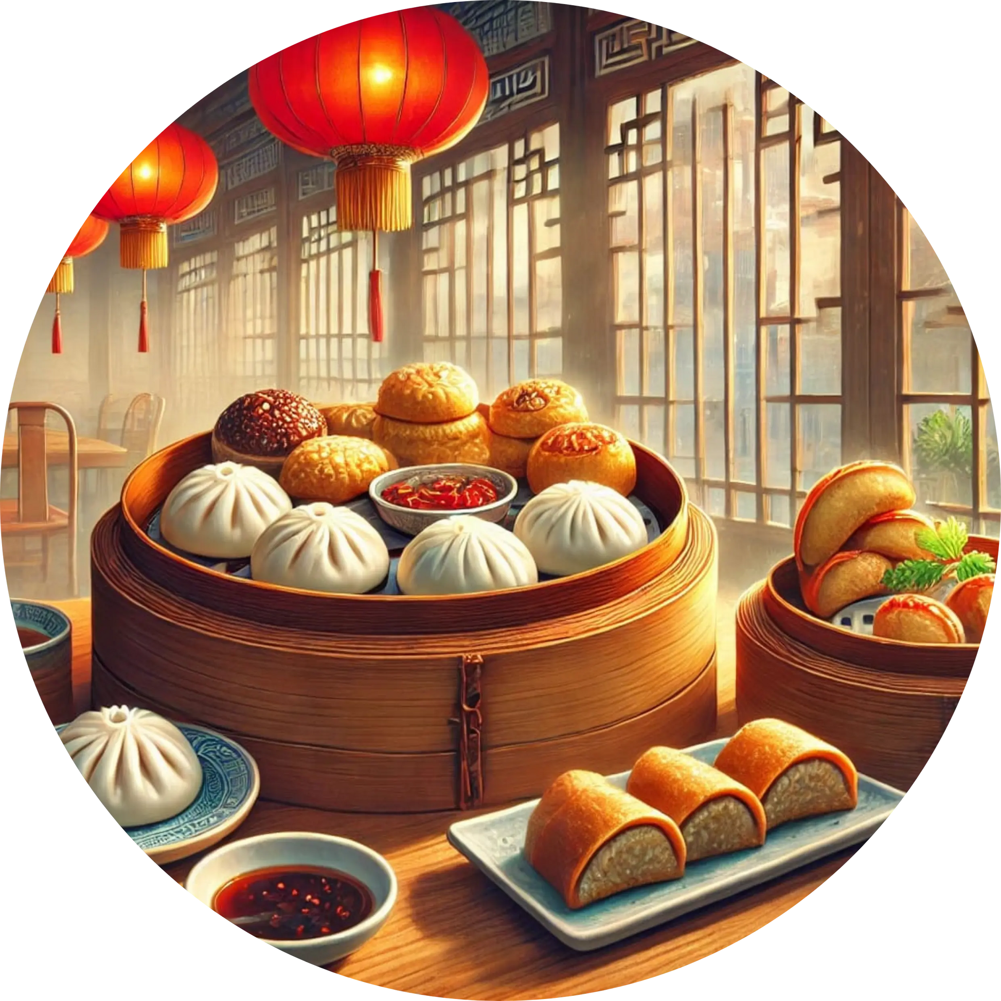 Dim Sum und asiatische Köstlichkeiten in Bambusdämpfern mit Teekanne in traditioneller Umgebung