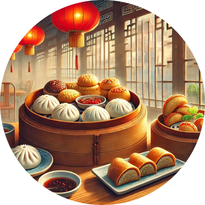 Dim Sum und asiatische Köstlichkeiten in Bambusdämpfern mit Teekanne in traditioneller Umgebung