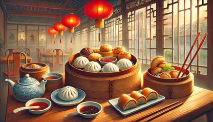 Asiatisches Dim-Sum-Menü mit Teekanne und roten Lampions auf traditionellem Holztisch.