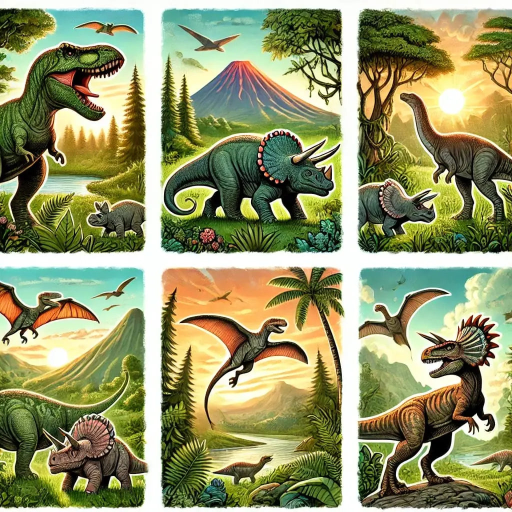 Collage mit sechs bunten Dino-Szenen aus verschiedenen Perspektiven