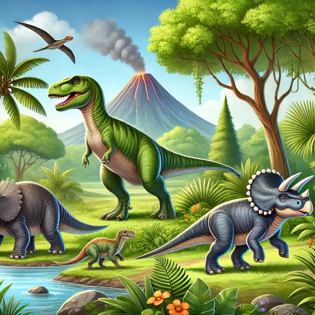 Dino-Familie mit verschiedenen Arten in bunter Landschaft mit Vulkan