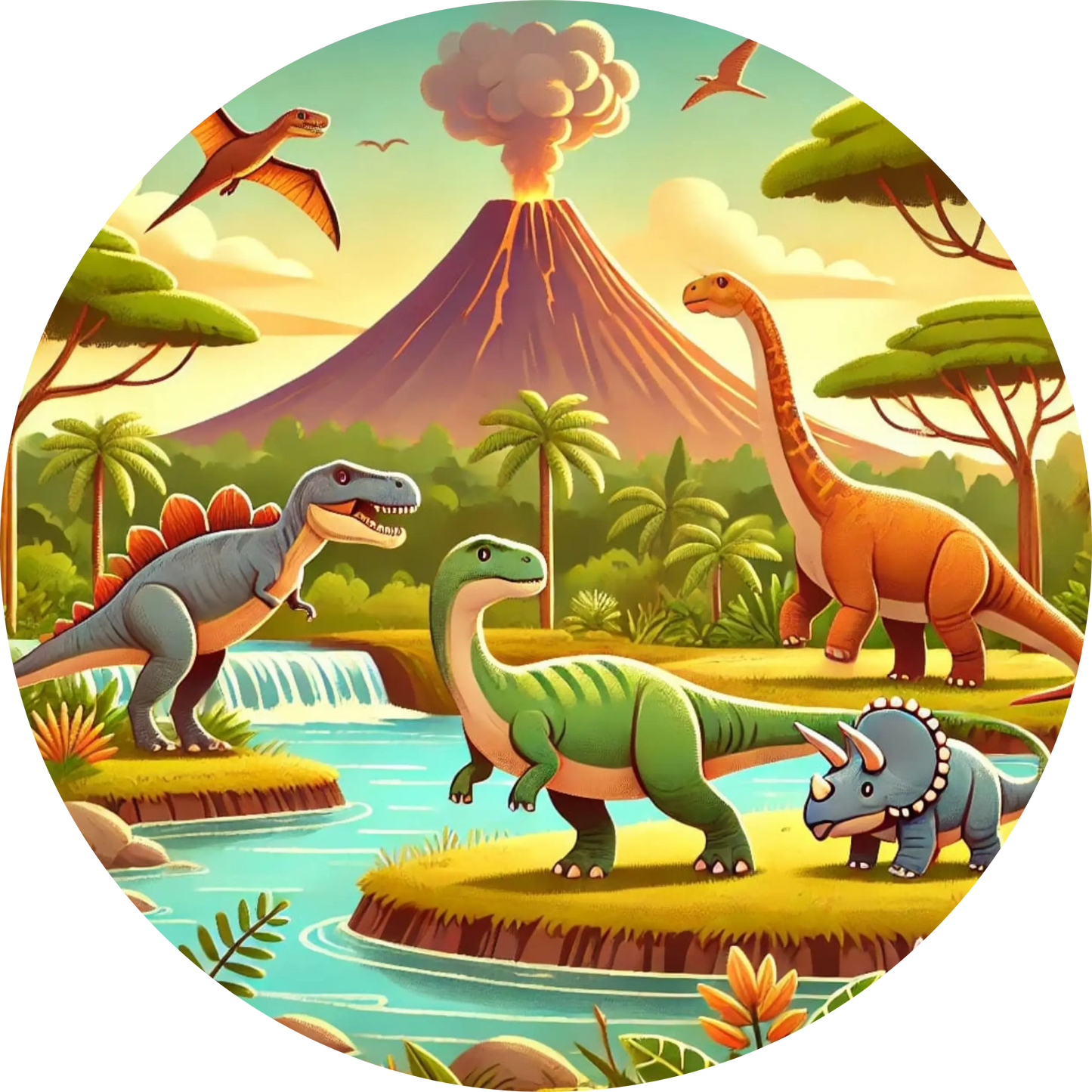Fröhliche Dinos im Urwald mit Vulkan – in sanften Pastelltönen