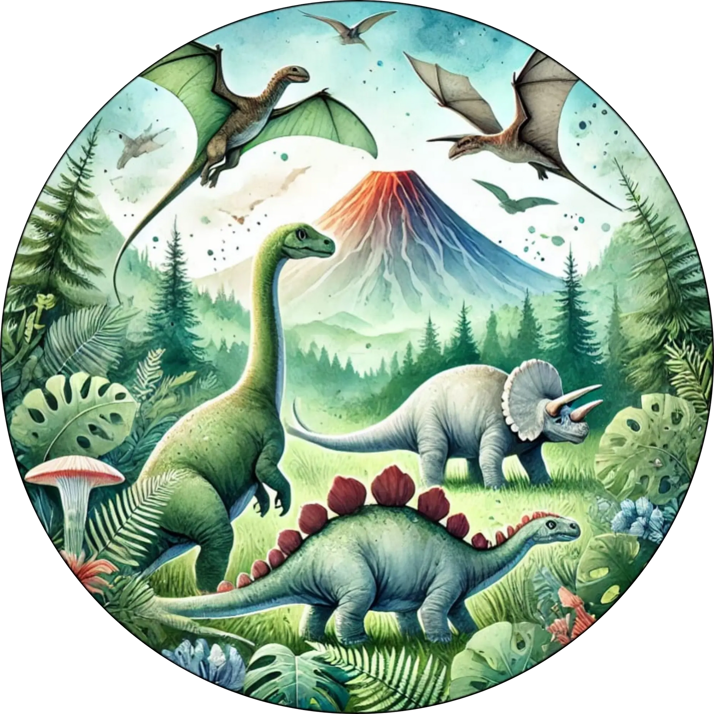 Szenische Darstellung verschiedener Dinosaurierarten mit Vulkan und Flugsauriern – weiche Farben, harmonisch