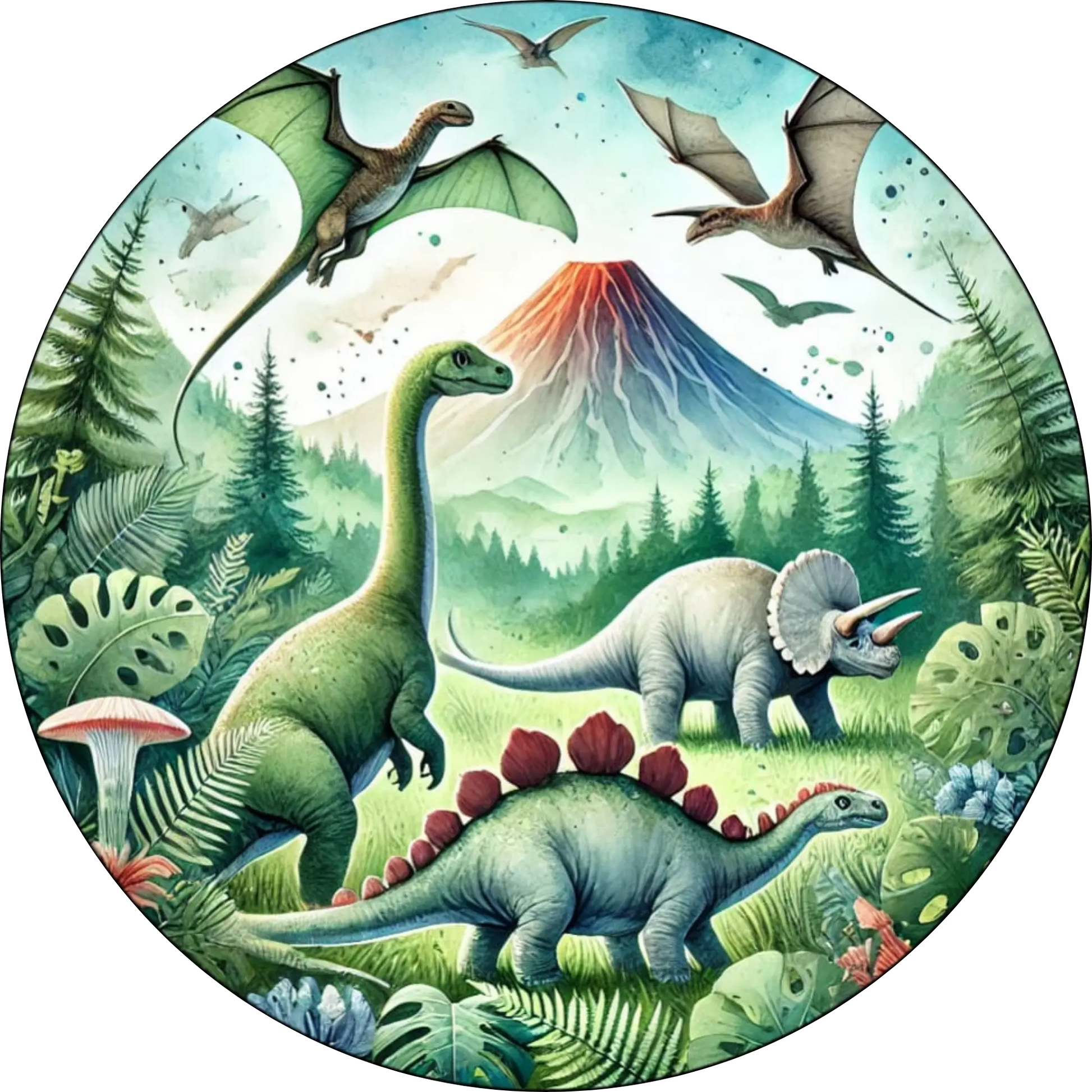 Szenische Darstellung verschiedener Dinosaurierarten mit Vulkan und Flugsauriern – weiche Farben, harmonisch