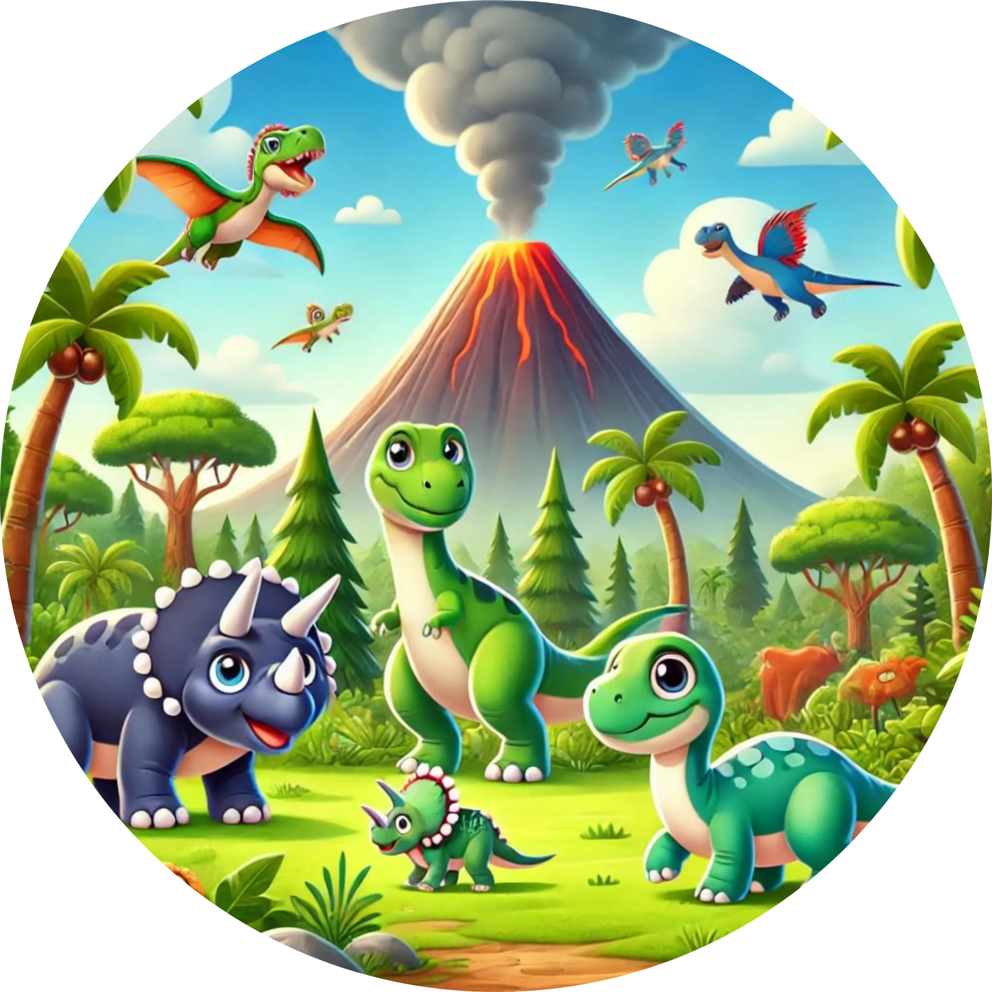 Lustige Dino-Gruppe vor Vulkan und Bergen – bunte Cartoon-Szene