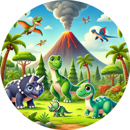 Lustige Dino-Gruppe vor Vulkan und Bergen – bunte Cartoon-Szene