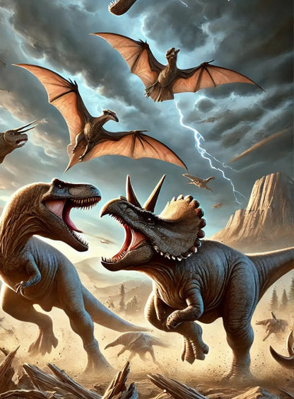 Zwei kämpfende Dinosaurier und fliegende Pterosaurier in dramatischer Vulkanlandschaft