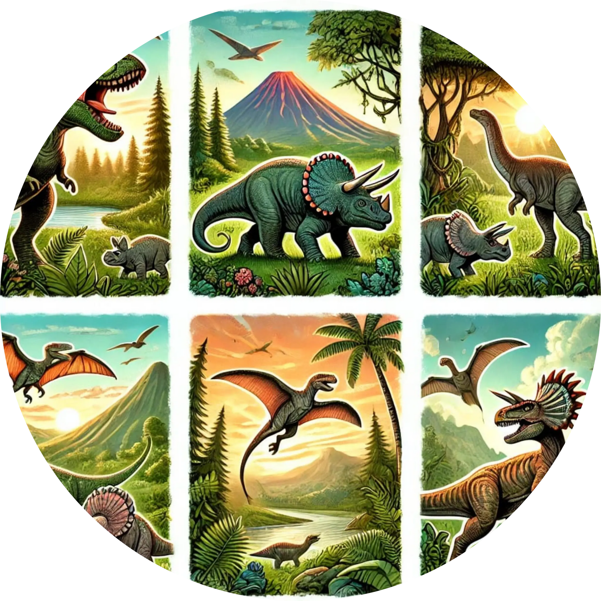 Buntes Raster mit vier Dino-Motiven – kindgerechte Mischung aus verschiedenen Arten
