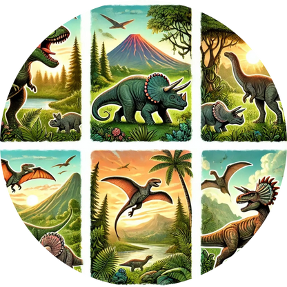Buntes Raster mit vier Dino-Motiven – kindgerechte Mischung aus verschiedenen Arten
