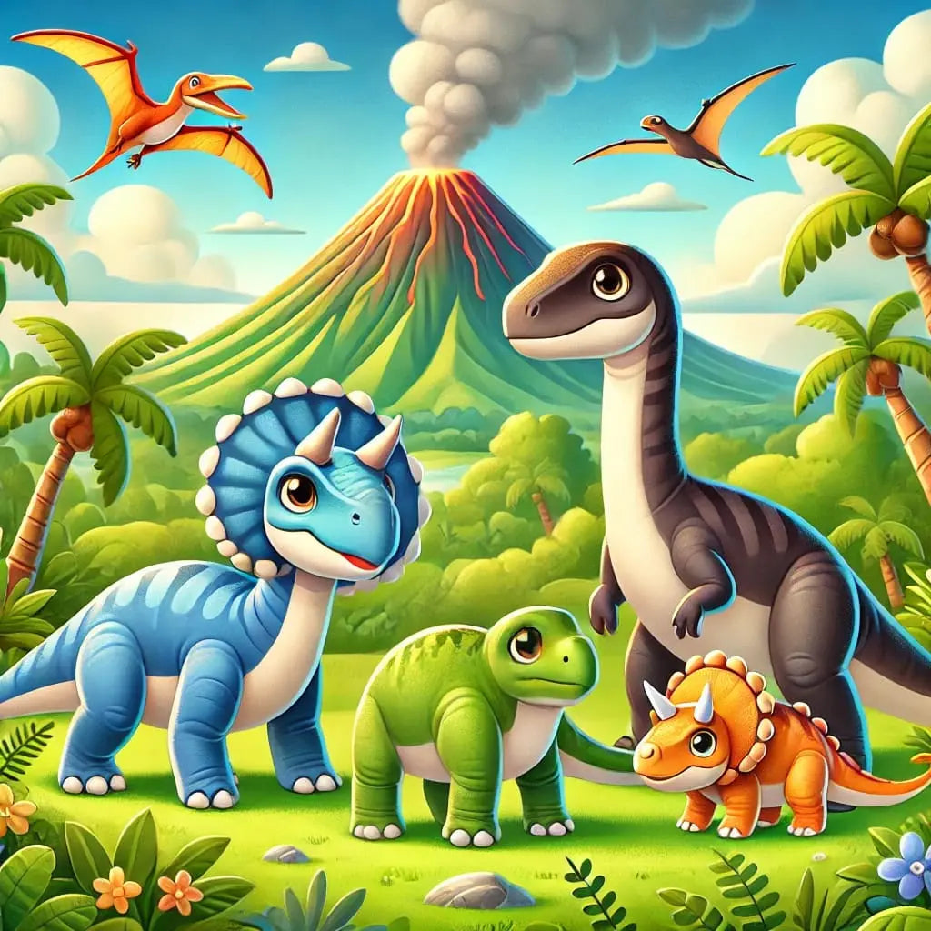 Dinosaurierfamilie vor einem aktiven Vulkan mit blauem Himmel