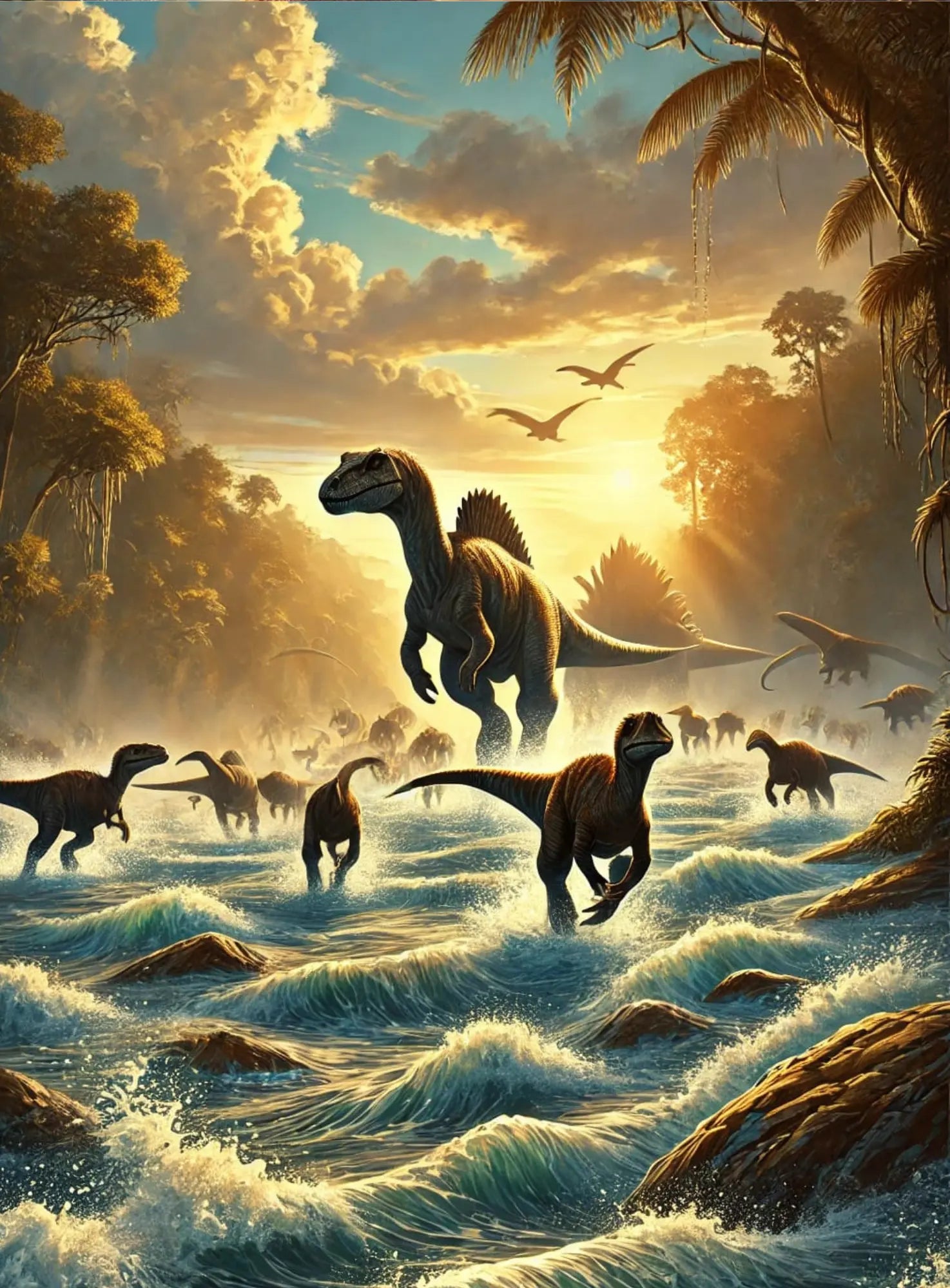 Gruppe von Sauropoden wandert durch eine weite Landschaft bei Sonnenuntergang.
