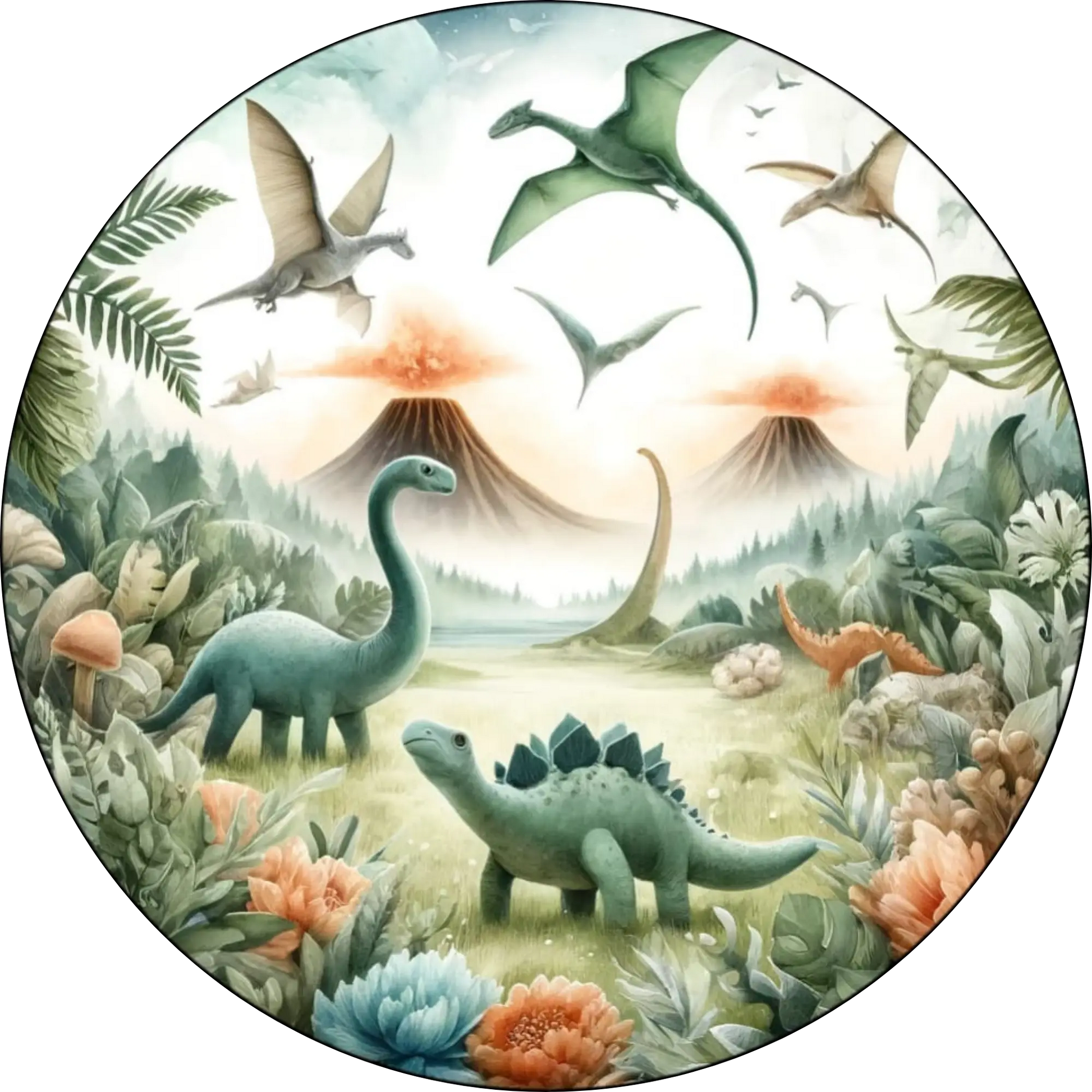 Bunte Dino-Welt mit vielen verschiedenen Arten – fröhliches Wimmelbild im Comic-Stil