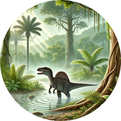 Dunkler Dino im Palmenwald – realistisch illustriert