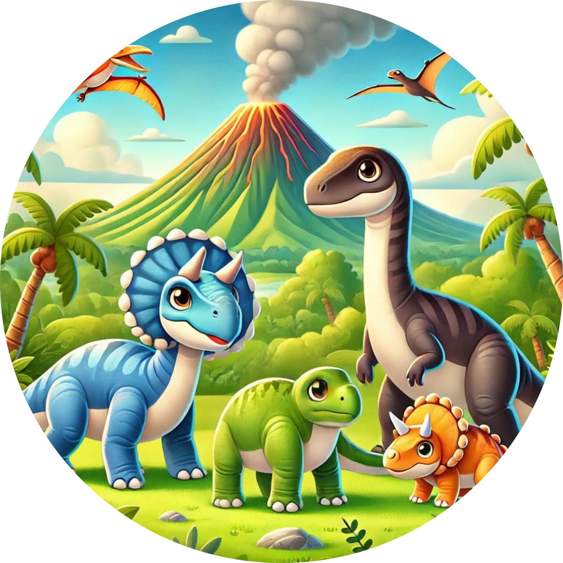 Bunte Dino-Familie mit Flugsaurier und Vulkankulisse