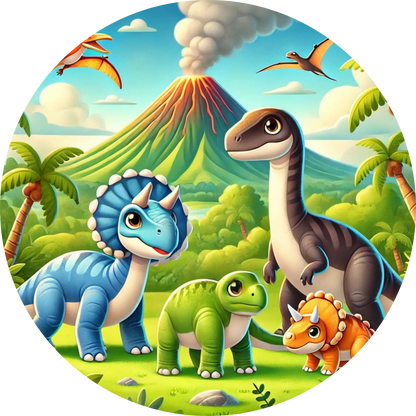 Bunte Dino-Familie mit Flugsaurier und Vulkankulisse