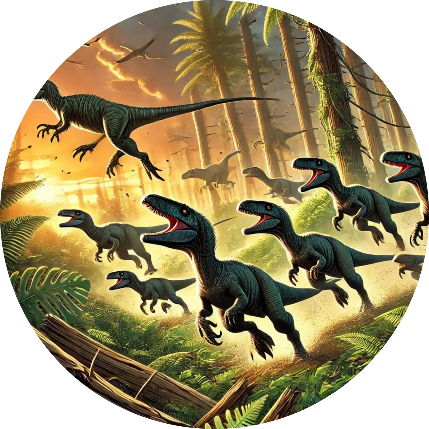 Dinoherde im Wald – Fluchtszene bei Sonnenlicht