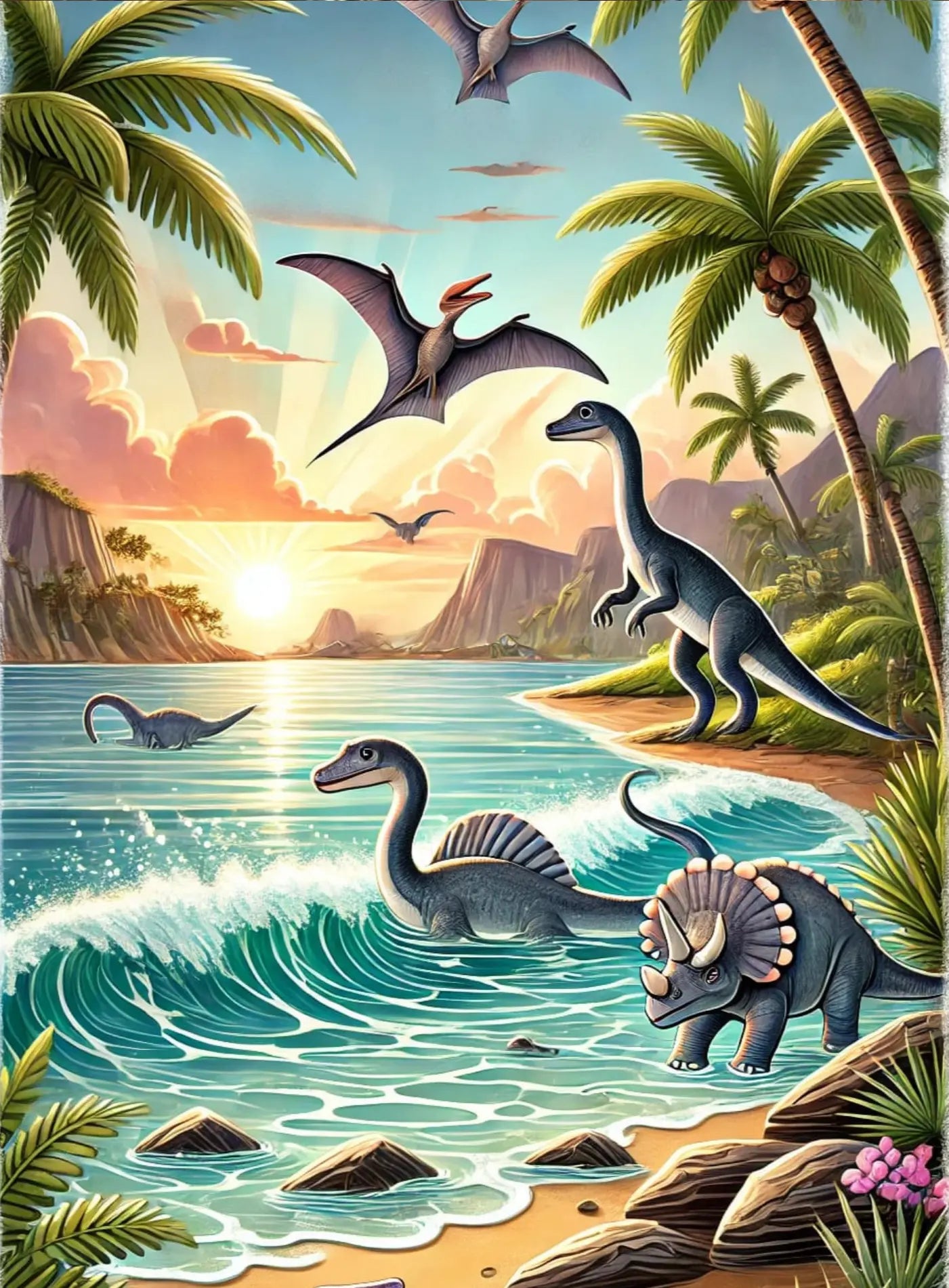 Dinosaurier in tropischer Küstenlandschaft mit Palmen und Meer