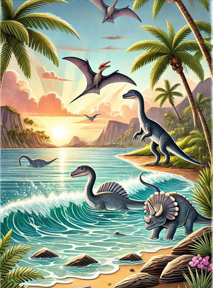 Dinosaurier in tropischer Küstenlandschaft mit Palmen und Meer