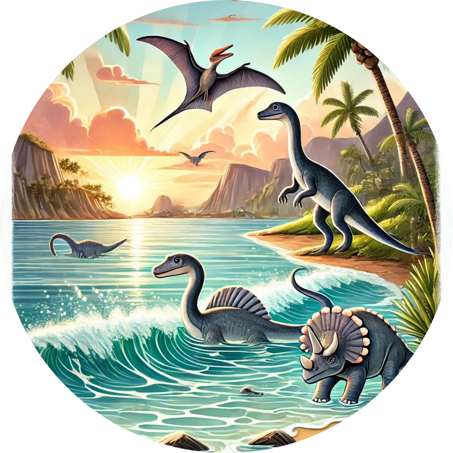 Verschiedene Dinos im prähistorischen Wald mit Vulkankulisse